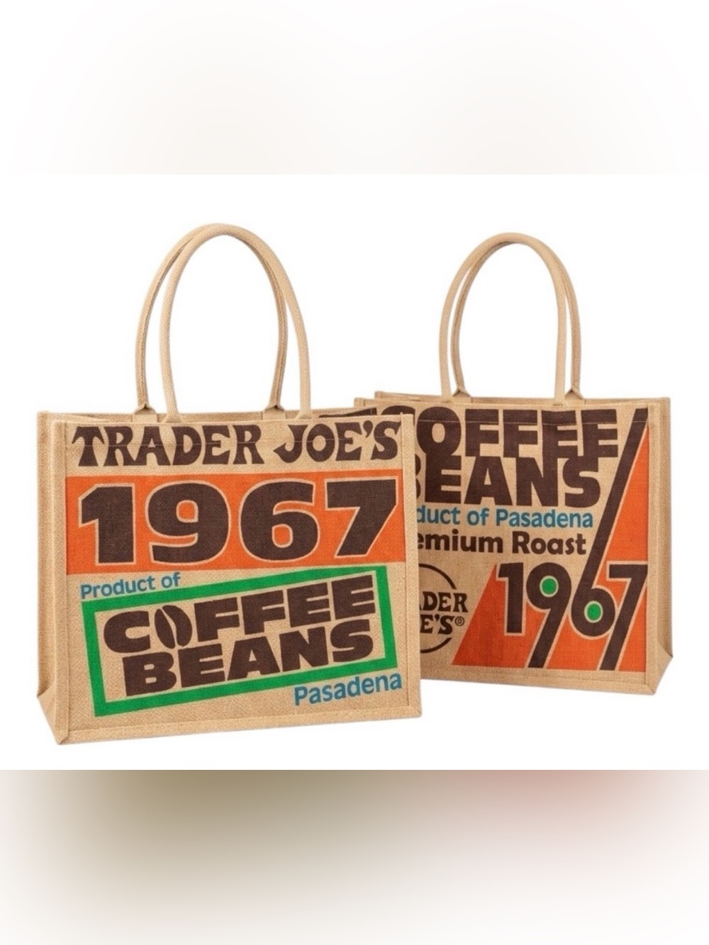 Trader Joes Pasadena Coffee Beans Beige & Brown Jute Tote Bag. NWT